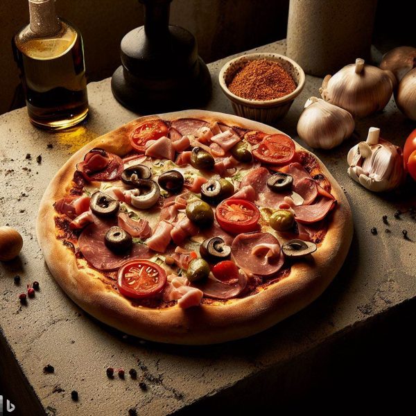 Salami, fresh capsicum, olives, onion  and chilli